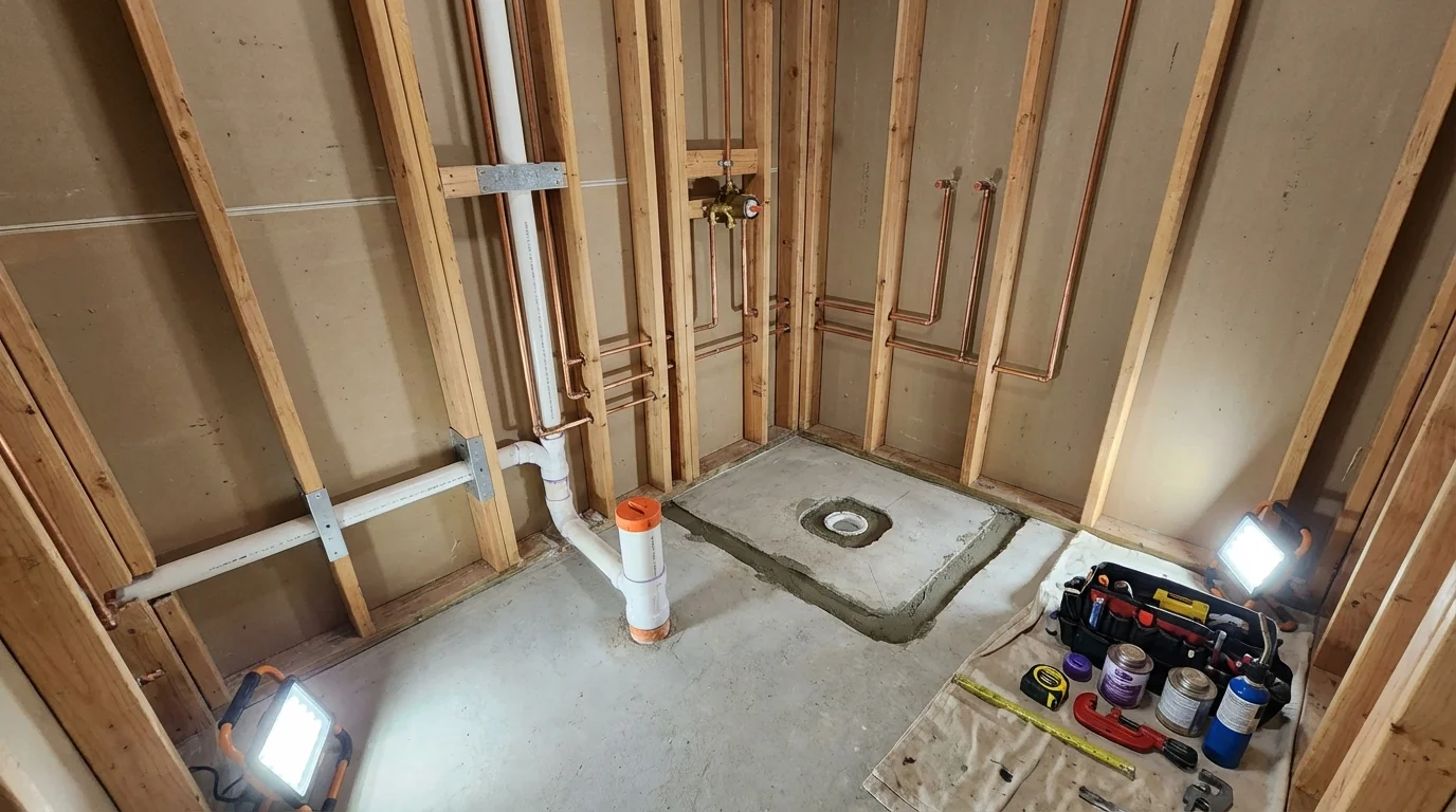Bathroom rough-in plumbing during remodel by Johns Plumbing LLC in Hercules