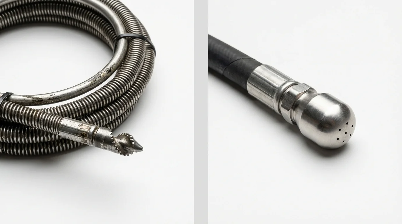 Drain snake cable and hydro jetting nozzle used for drain cleaning in Hercules, CA