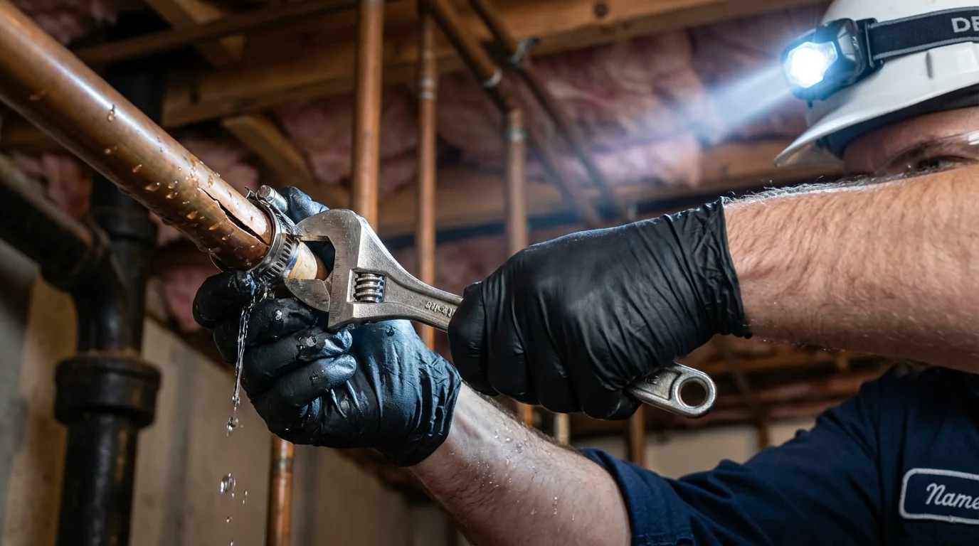 Emergency pipe clamp repair being performed by a Johns Plumbing LLC plumber in Hercules