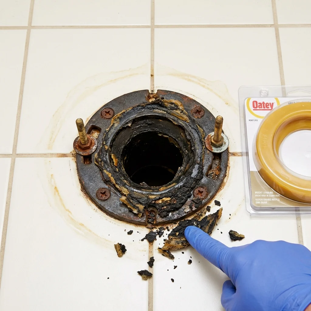 Failed wax ring showing water seepage at the base of a toilet in a Hercules, CA home