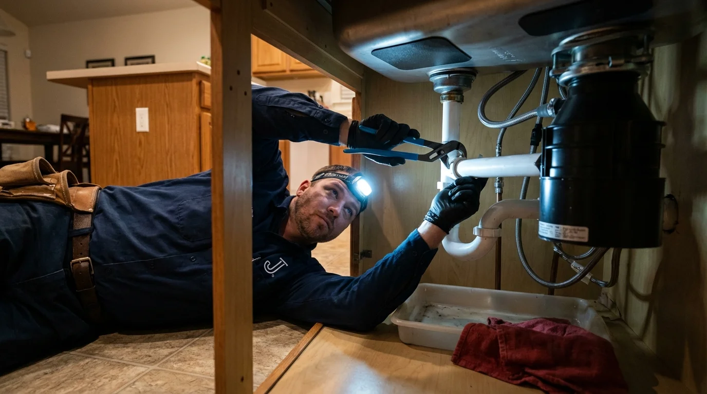 P-trap and supply line connections under a kitchen sink showing a common leak point in Hercules, CA